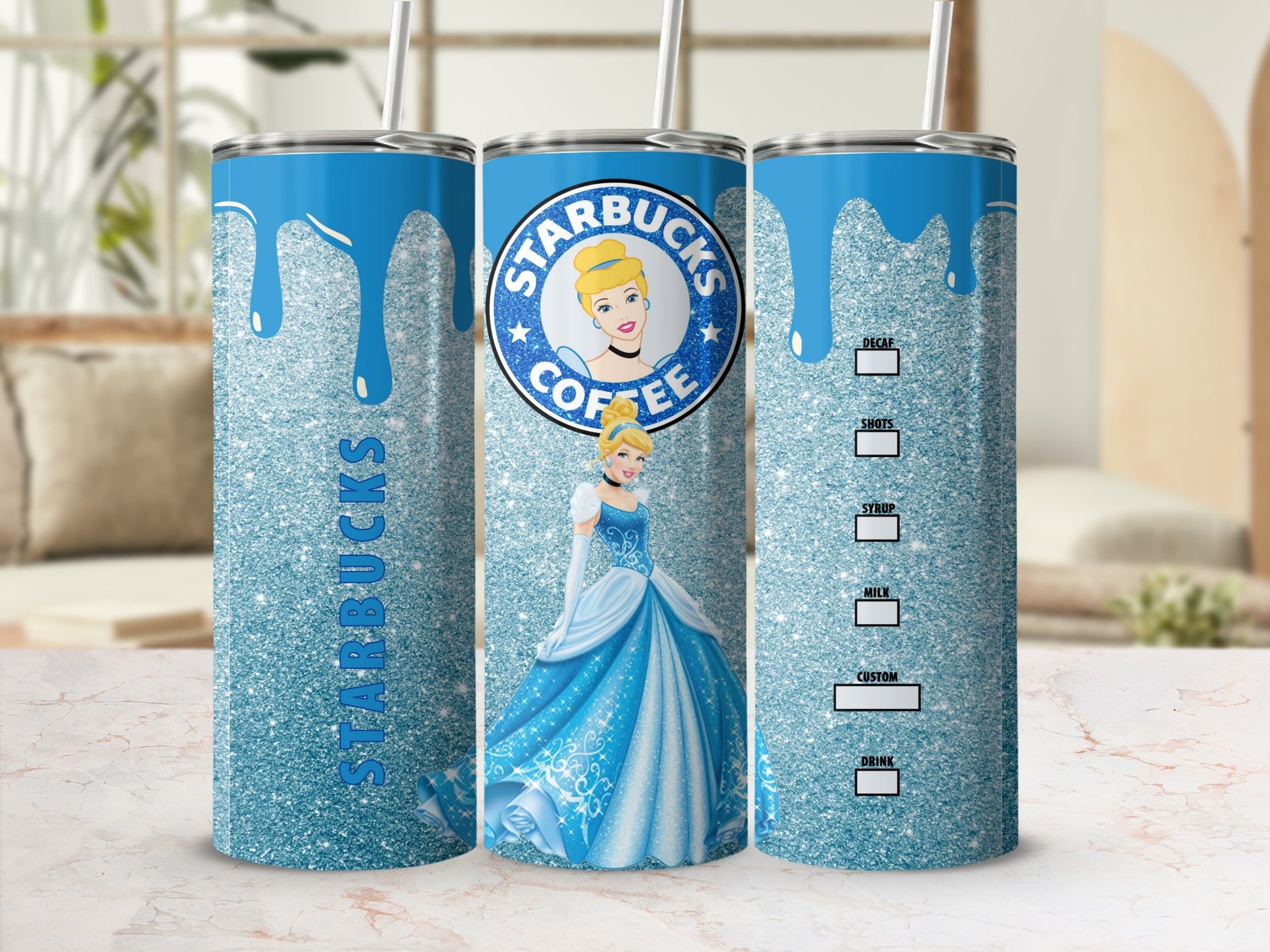 Starbucks Cinderella Design Glitter Tumbler for Coffee