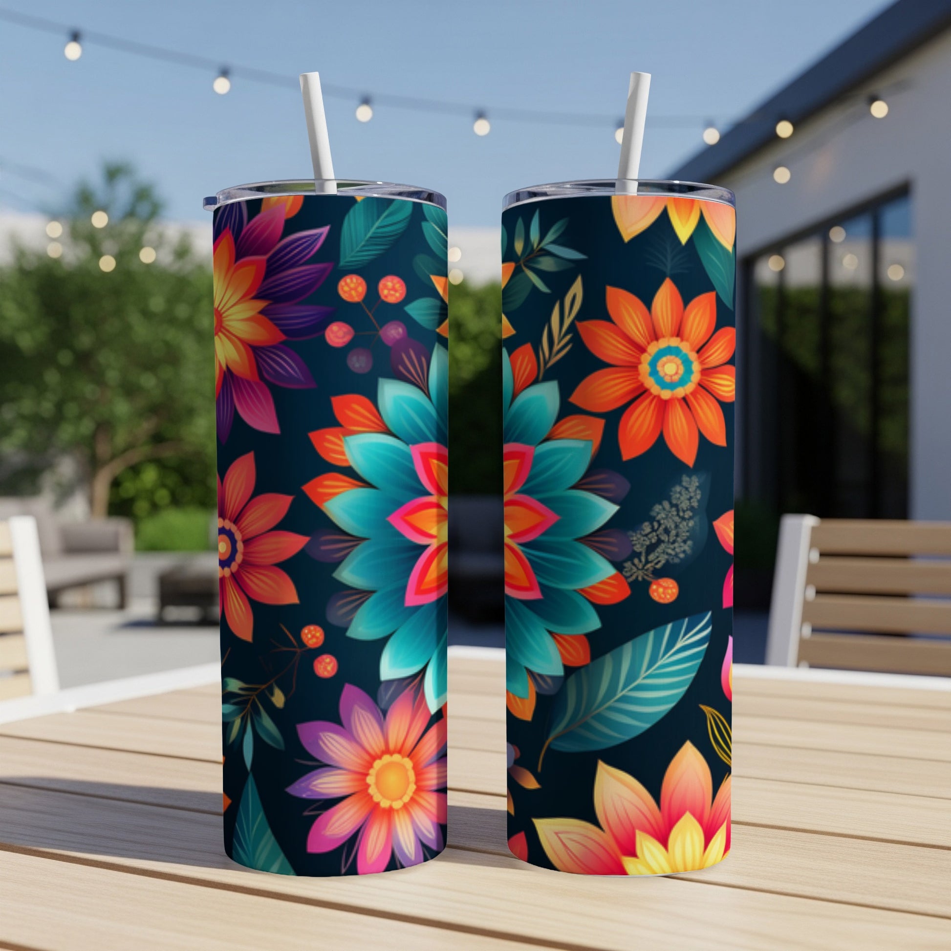Two tumblers with a vibrant floral pattern on a table.
