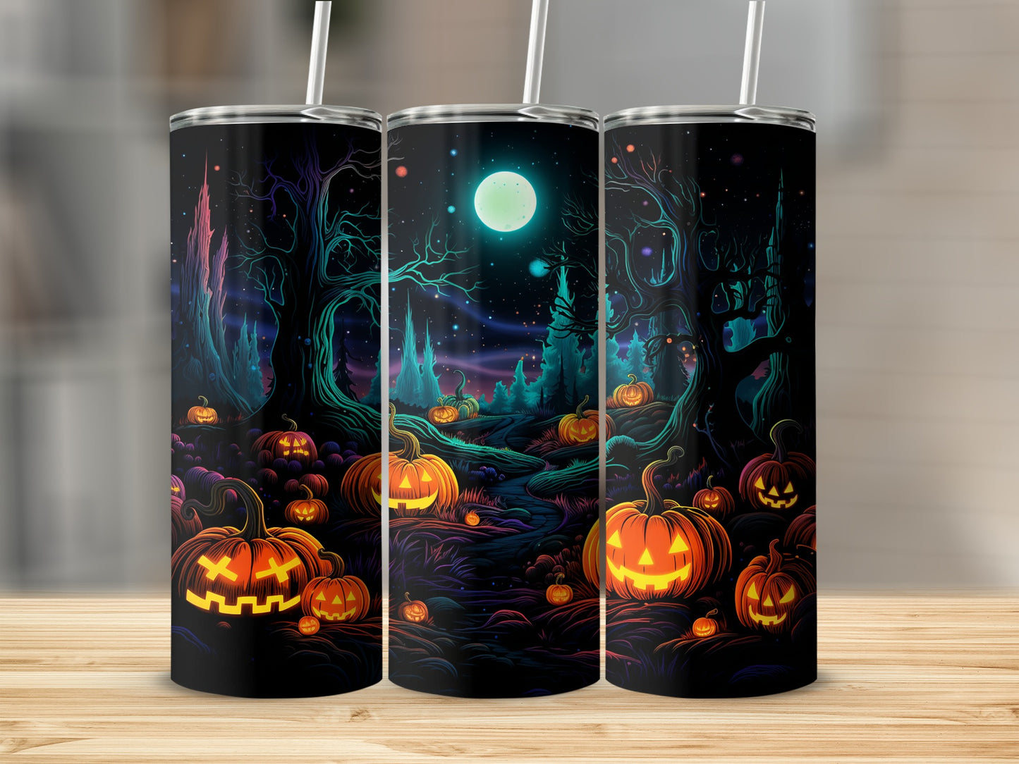 Spooky Pumpkin Forest Halloween Tumbler with Straw
