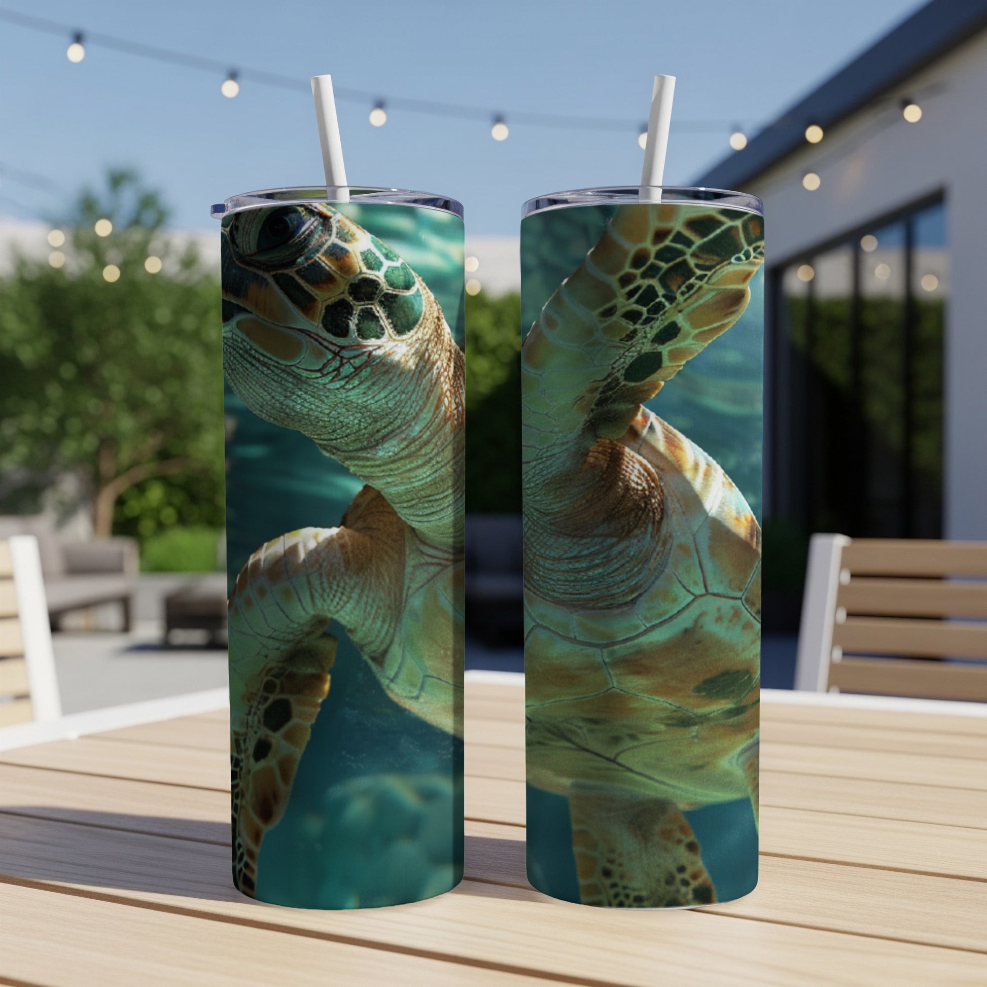 Two tumblers featuring a sea turtle swimming underwater.