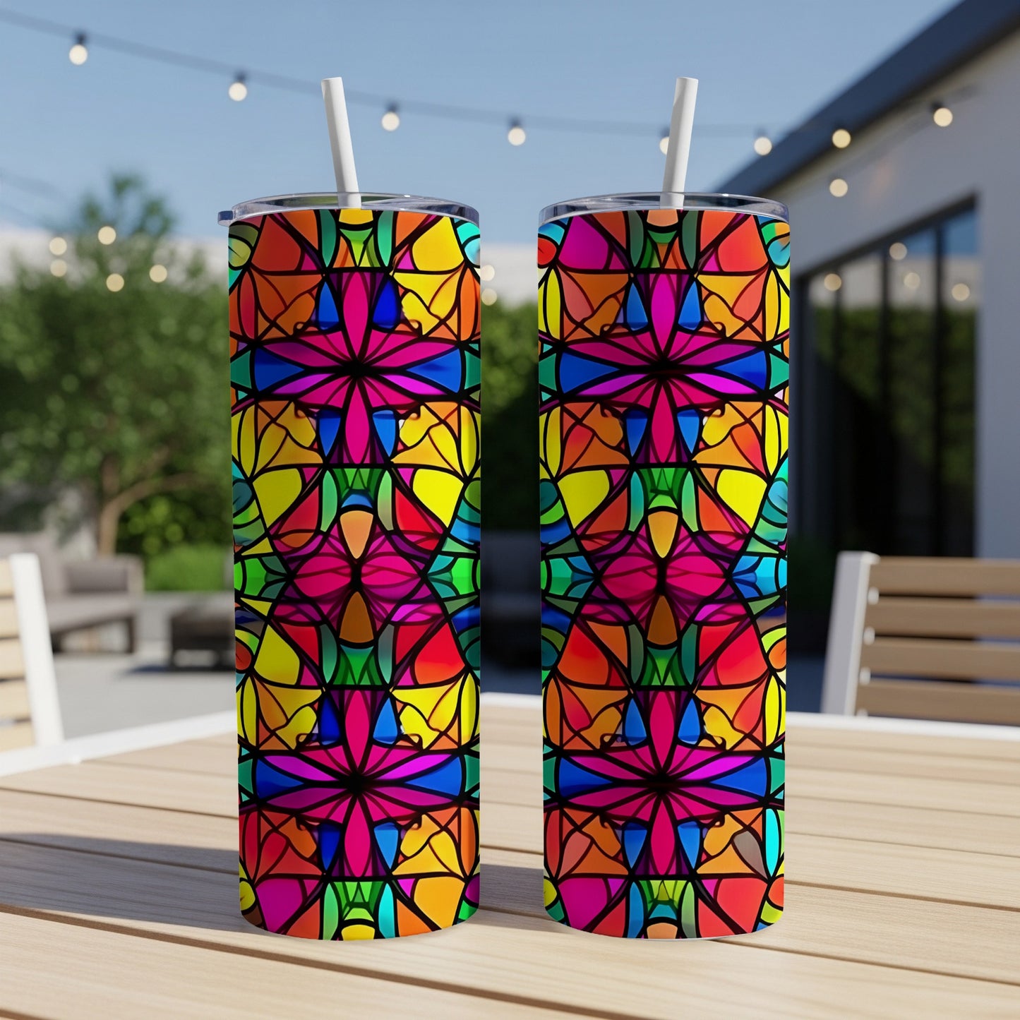 Two tall tumblers with colorful stained glass patterns on a wooden table.