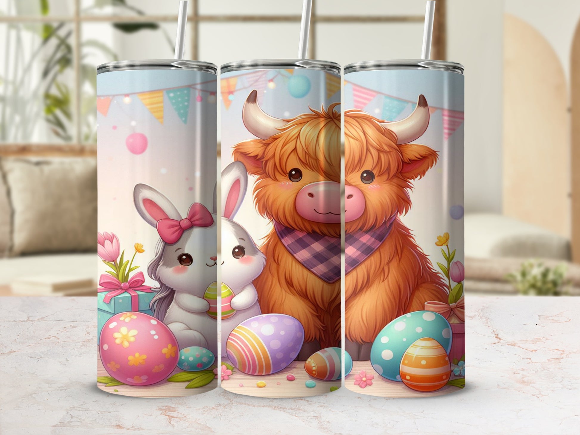 Easter bunny and Highland cow with colorful eggs and confetti.