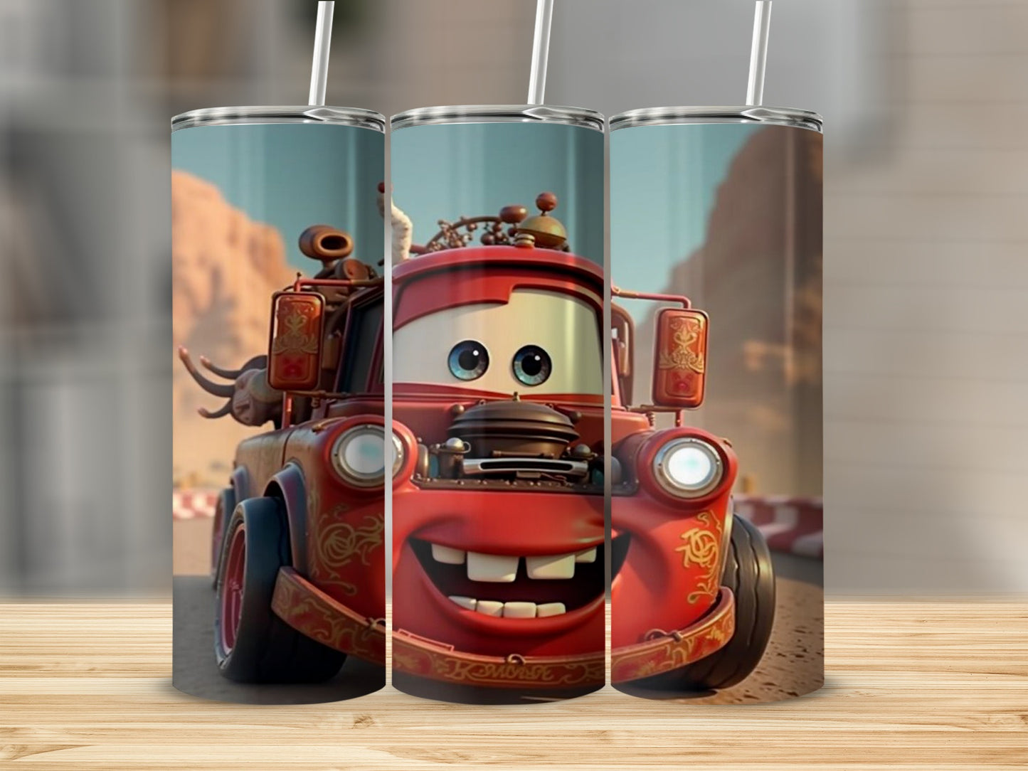 Animated Red Car Design Tumbler with Straw Accessory