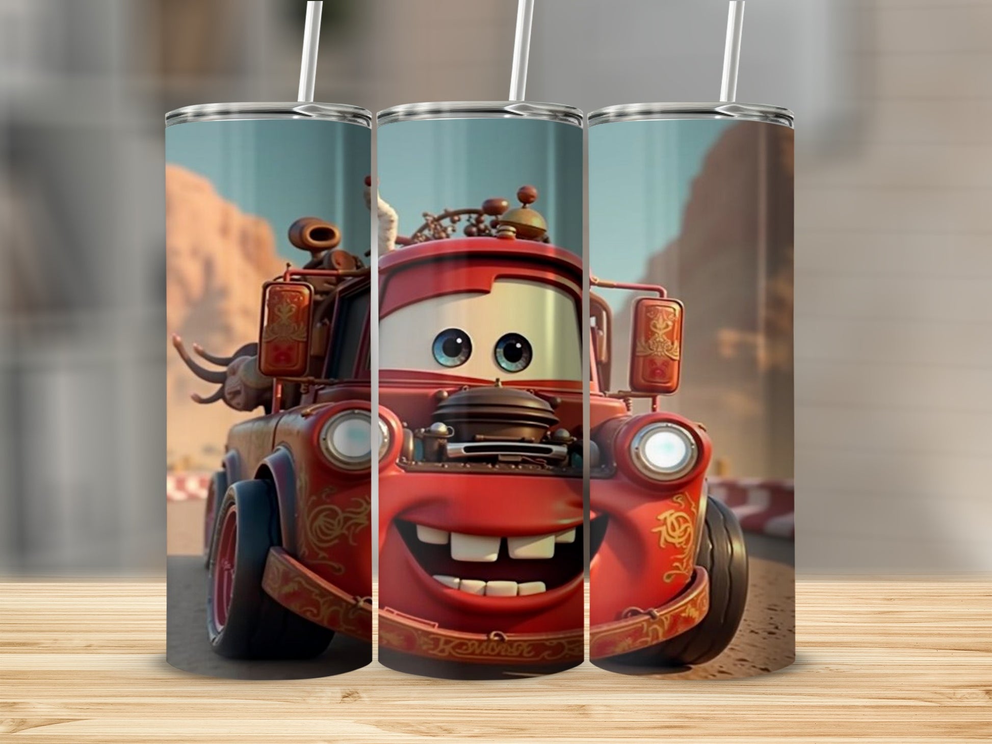 Animated Red Car Design Tumbler with Straw Accessory
