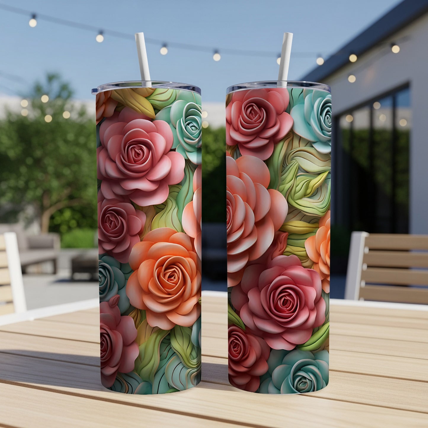 Two colorful rose-patterned tumblers with straws on a wooden table.