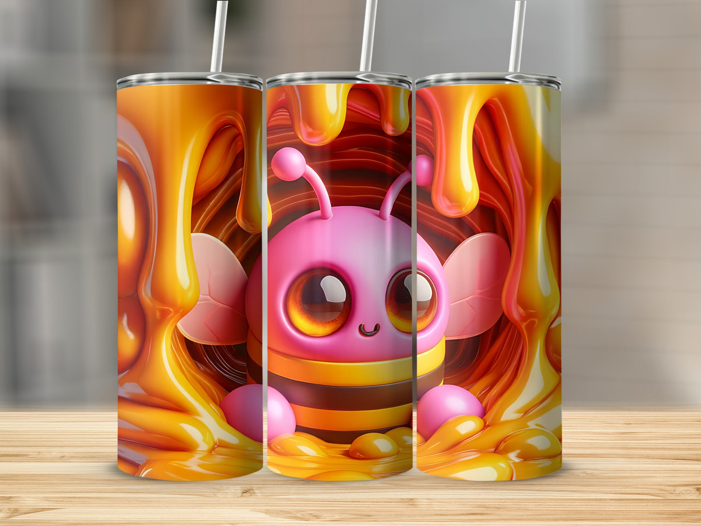 Cute bee character with large eyes surrounded by dripping honey.