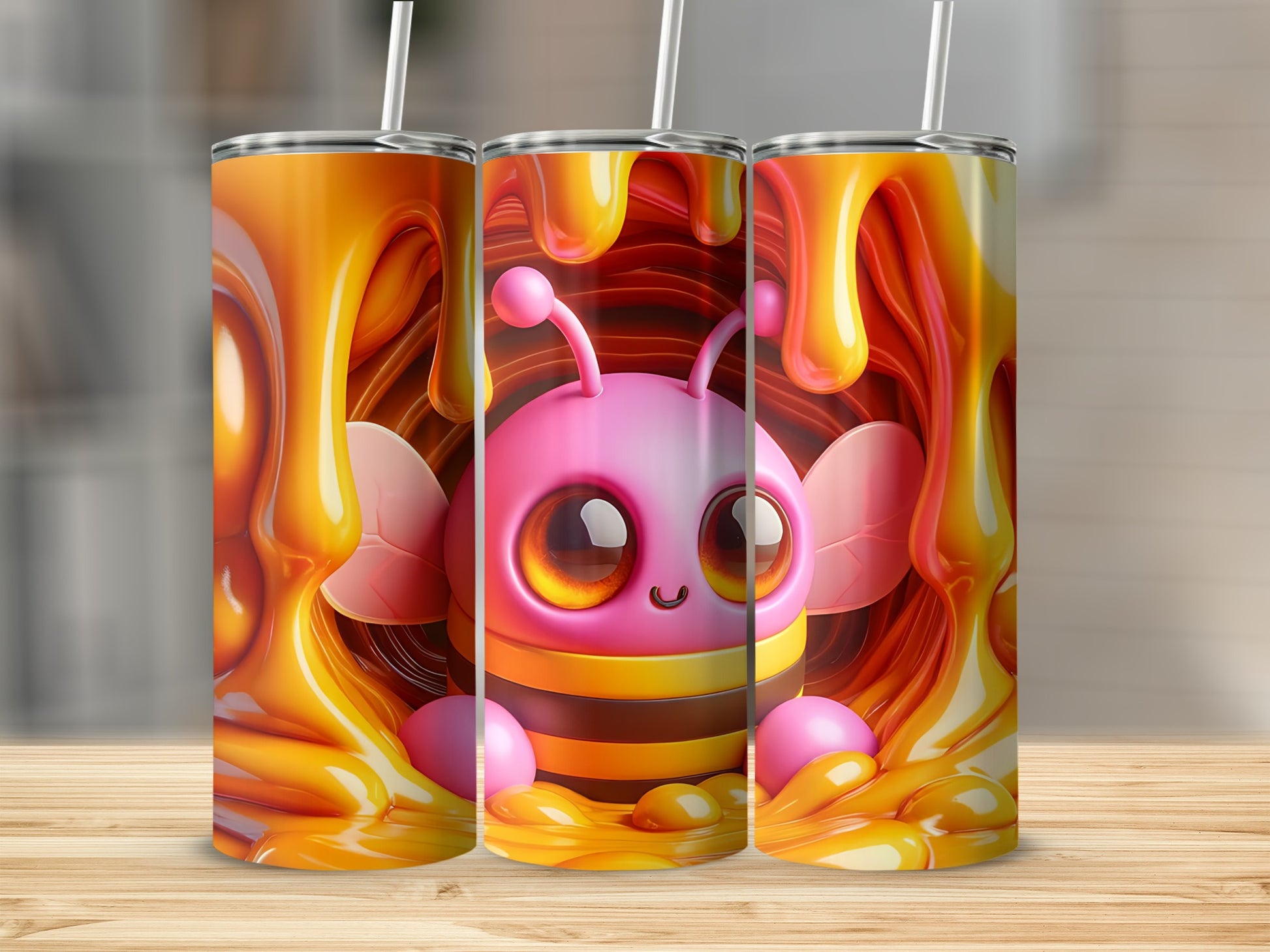 Cute bee character with large eyes surrounded by dripping honey.