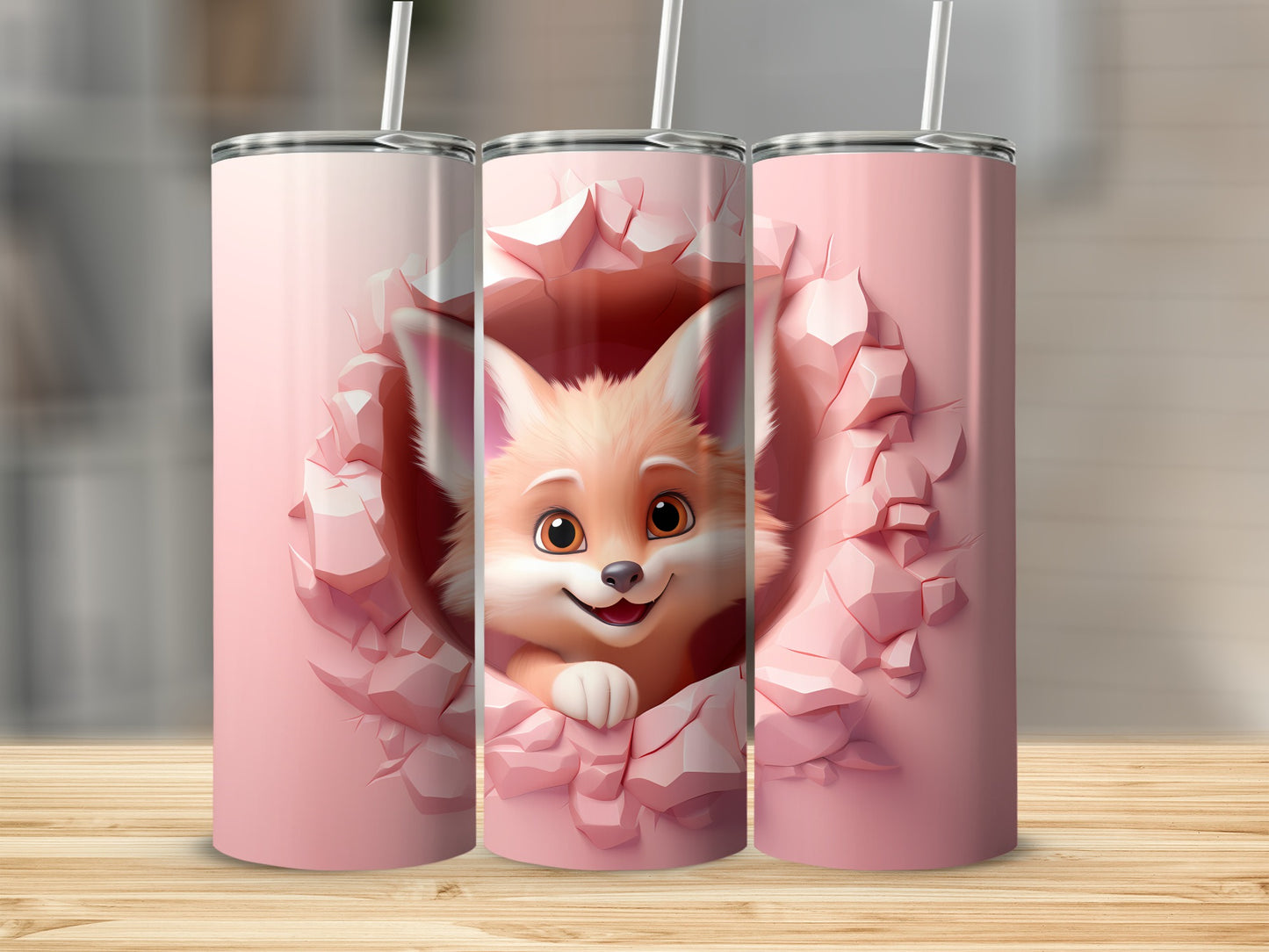 Cute Fox Design Pink Tumbler Cup with Lid and Straw