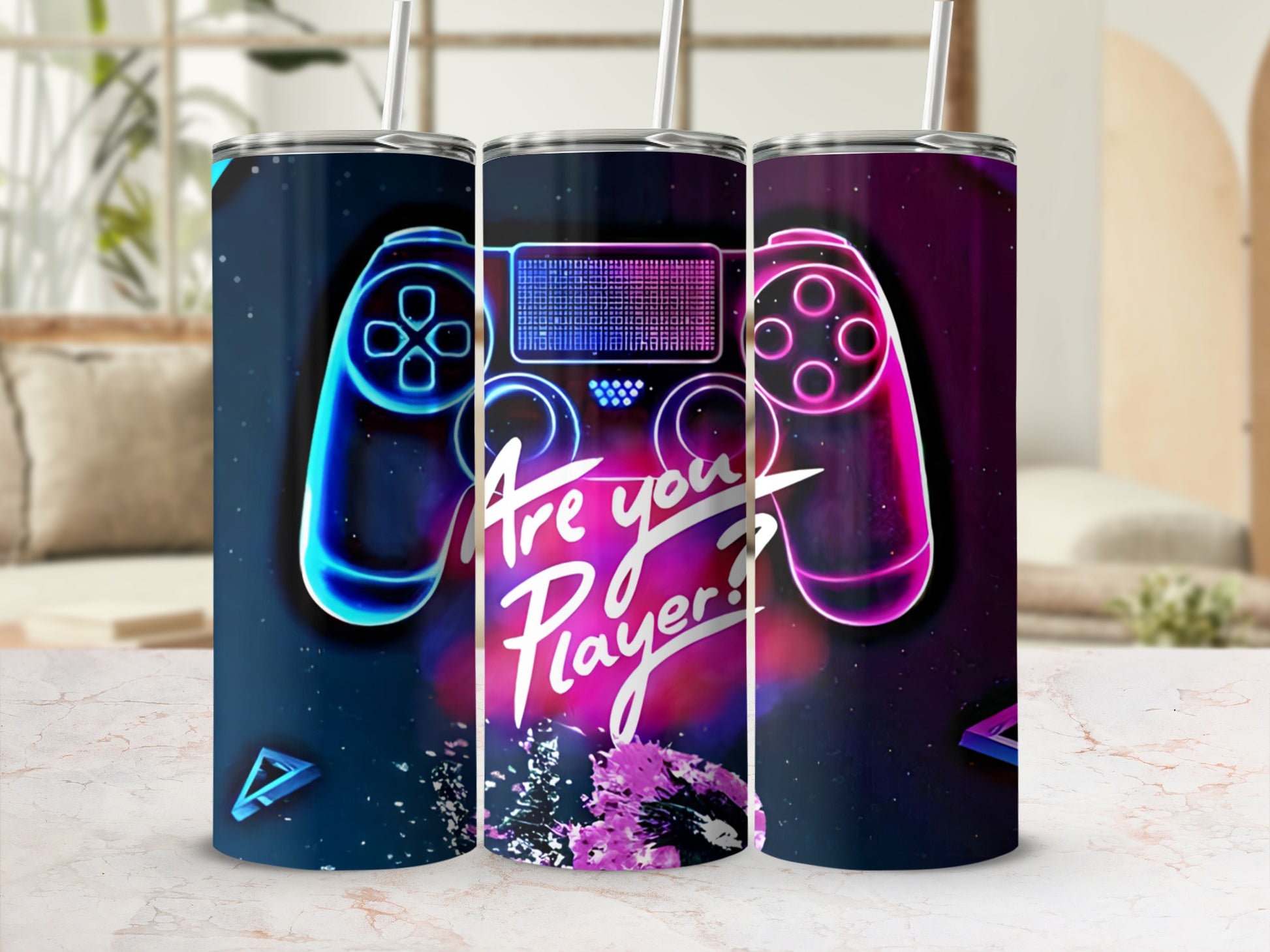 Gaming tumbler with neon controller and "Are you Player?" text.