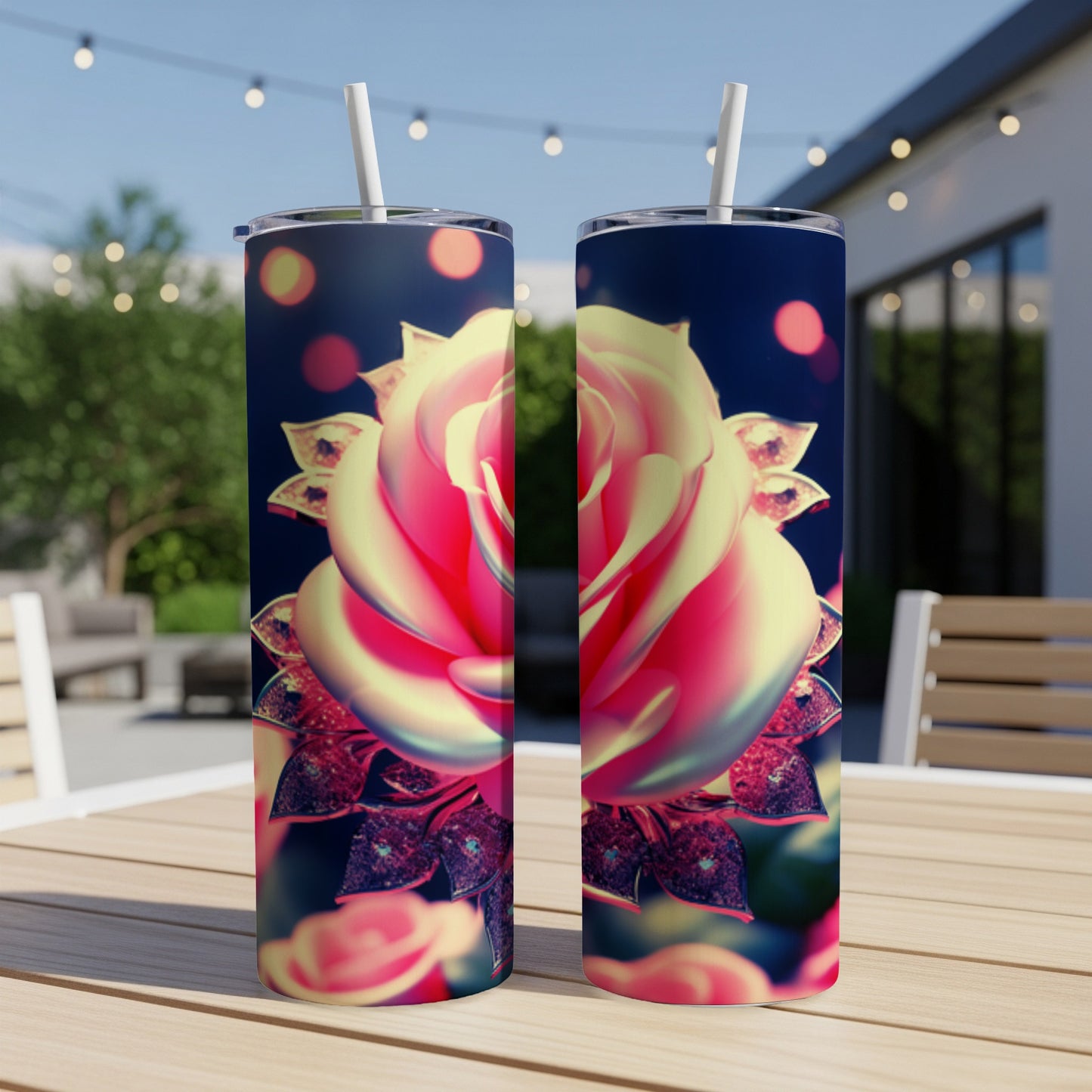 Two tumblers featuring a large, holographic rose design on a wooden table.
