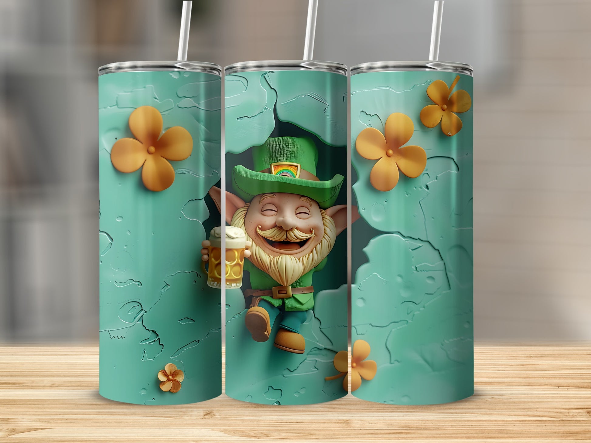 Leprechaun with beer emerging from teal tumbler with clovers.