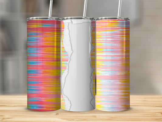 Three tall, cylindrical tumblers with a colorful, abstract, distressed design.