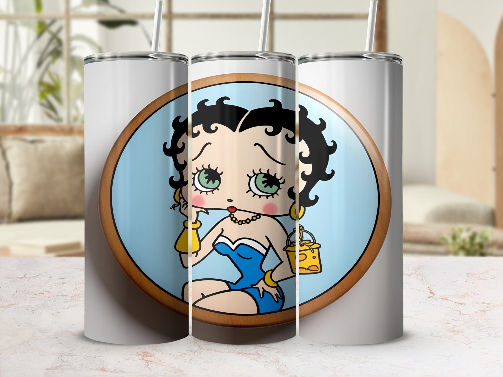Betty Boop in blue swimsuit holding handbag, with light blue background.