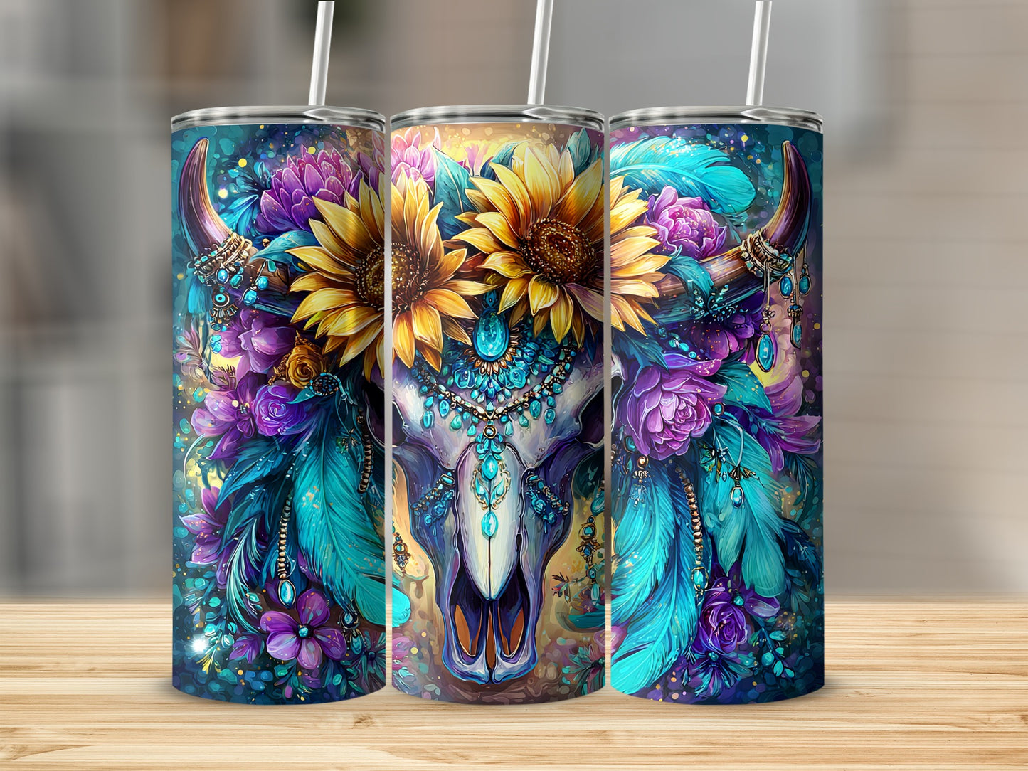 Vibrant Sunflower Skull Art Insulated Tumbler