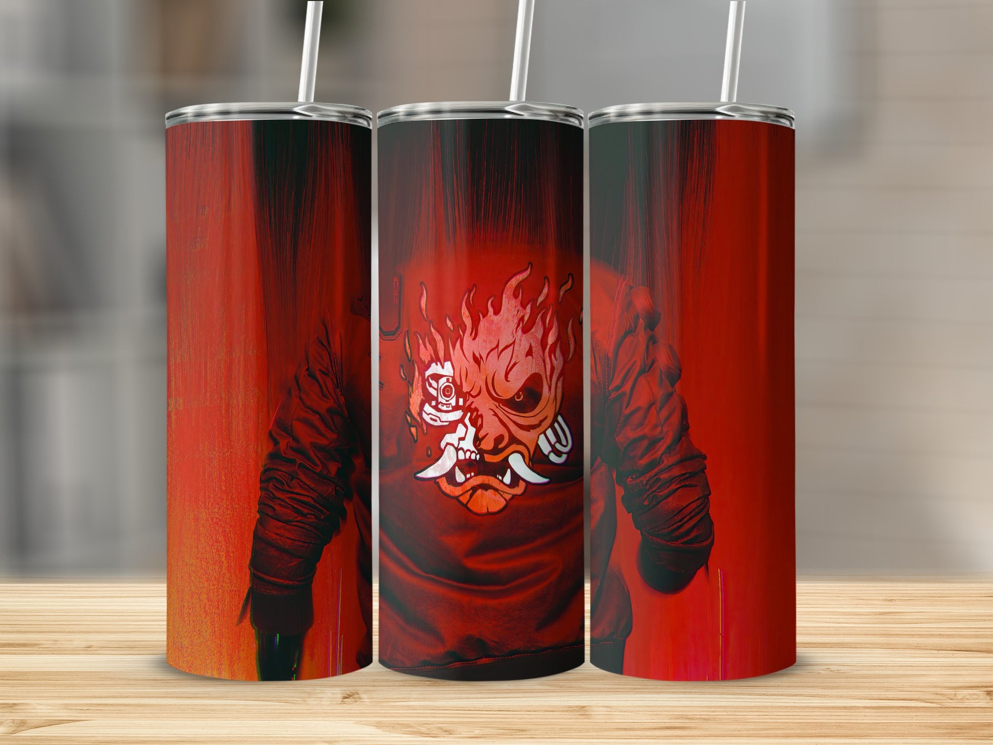 Striking Red Tumbler with Fiery Mask Design Tumbler product