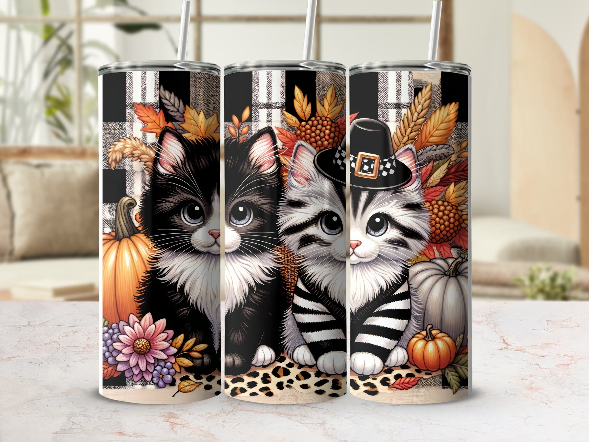 Black and white cats with autumn leaves and pumpkins on a plaid background.