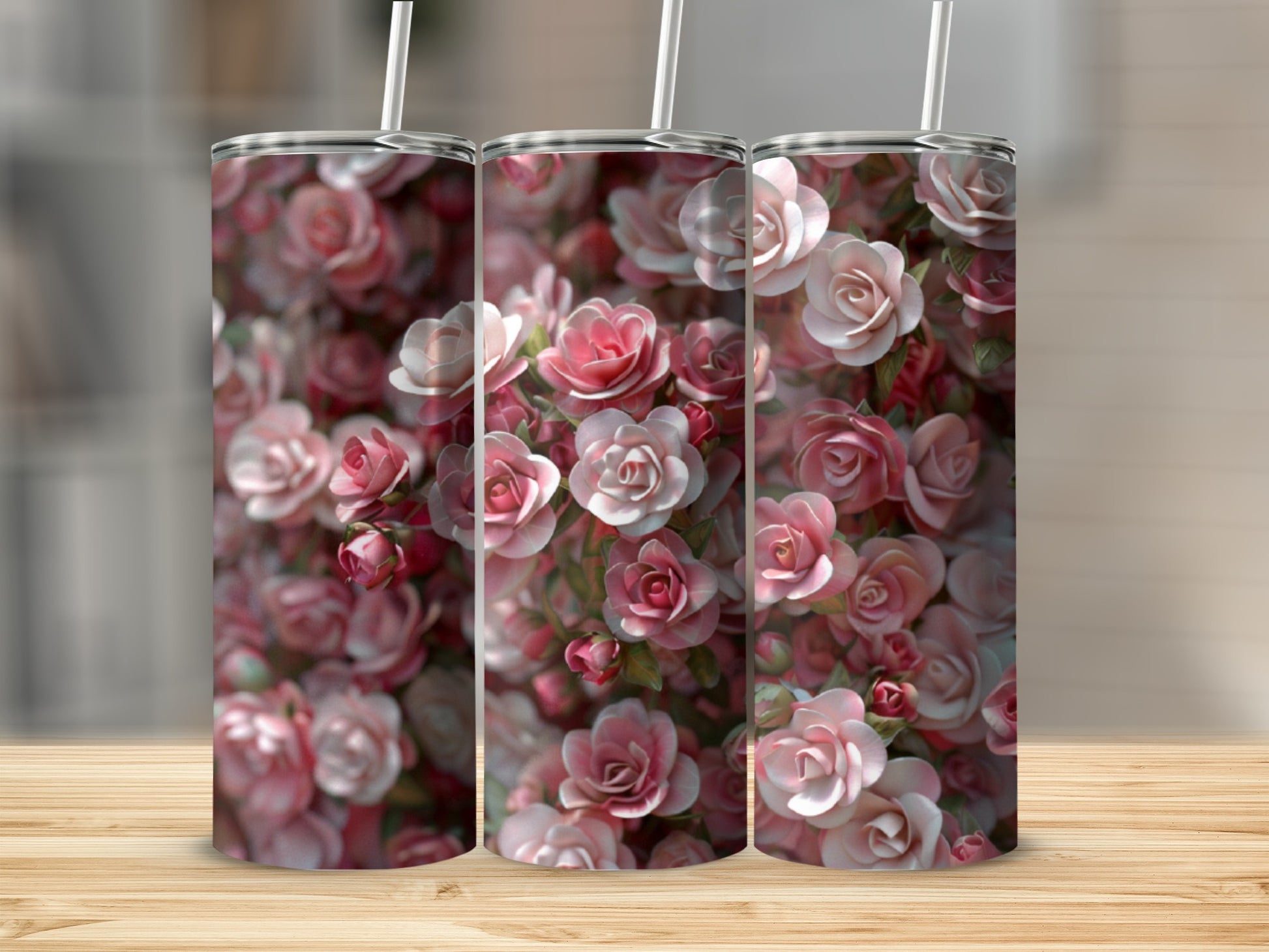 Three tumblers with a close-up floral rose pattern.