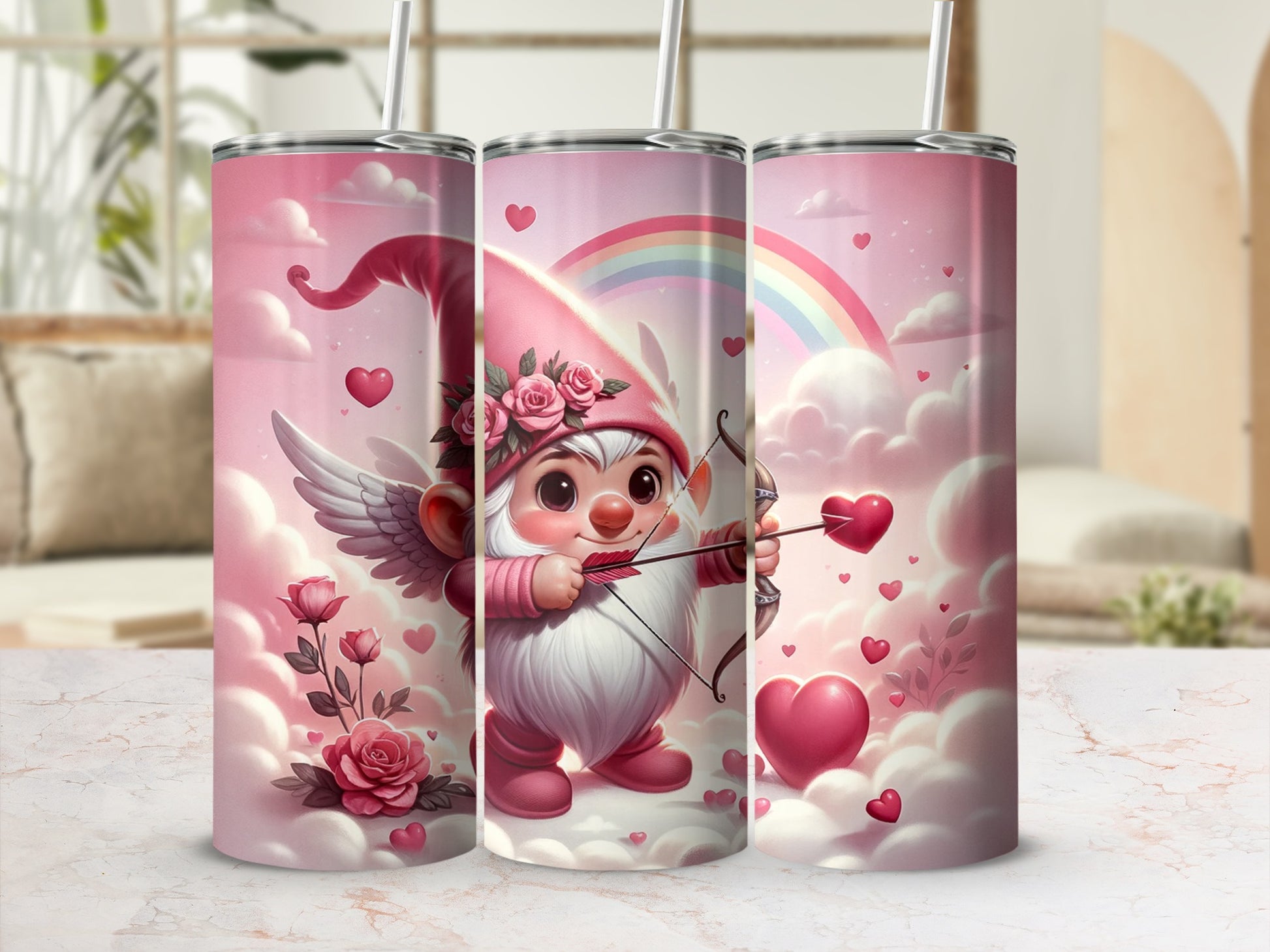 Adorable Cupid Gnome with Hearts and Rainbow Tumbler