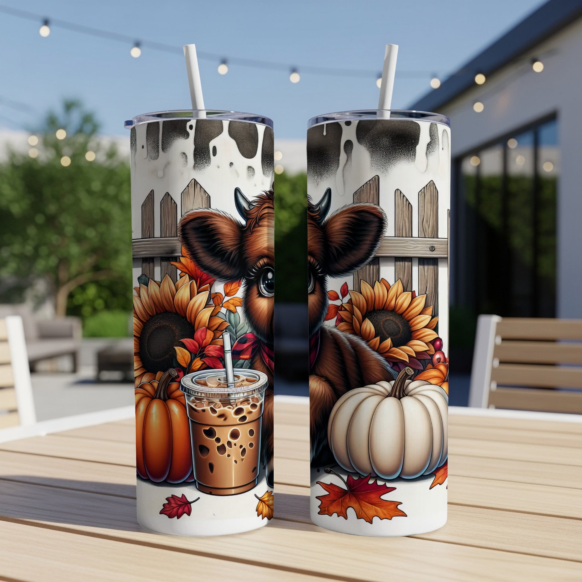 Fall-themed tumbler with cow, pumpkins, and sunflowers.