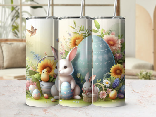 Three tumblers featuring Easter bunnies, painted eggs, and spring flowers.