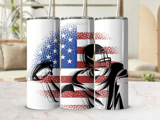 American flag background with football player silhouette on a tumbler.