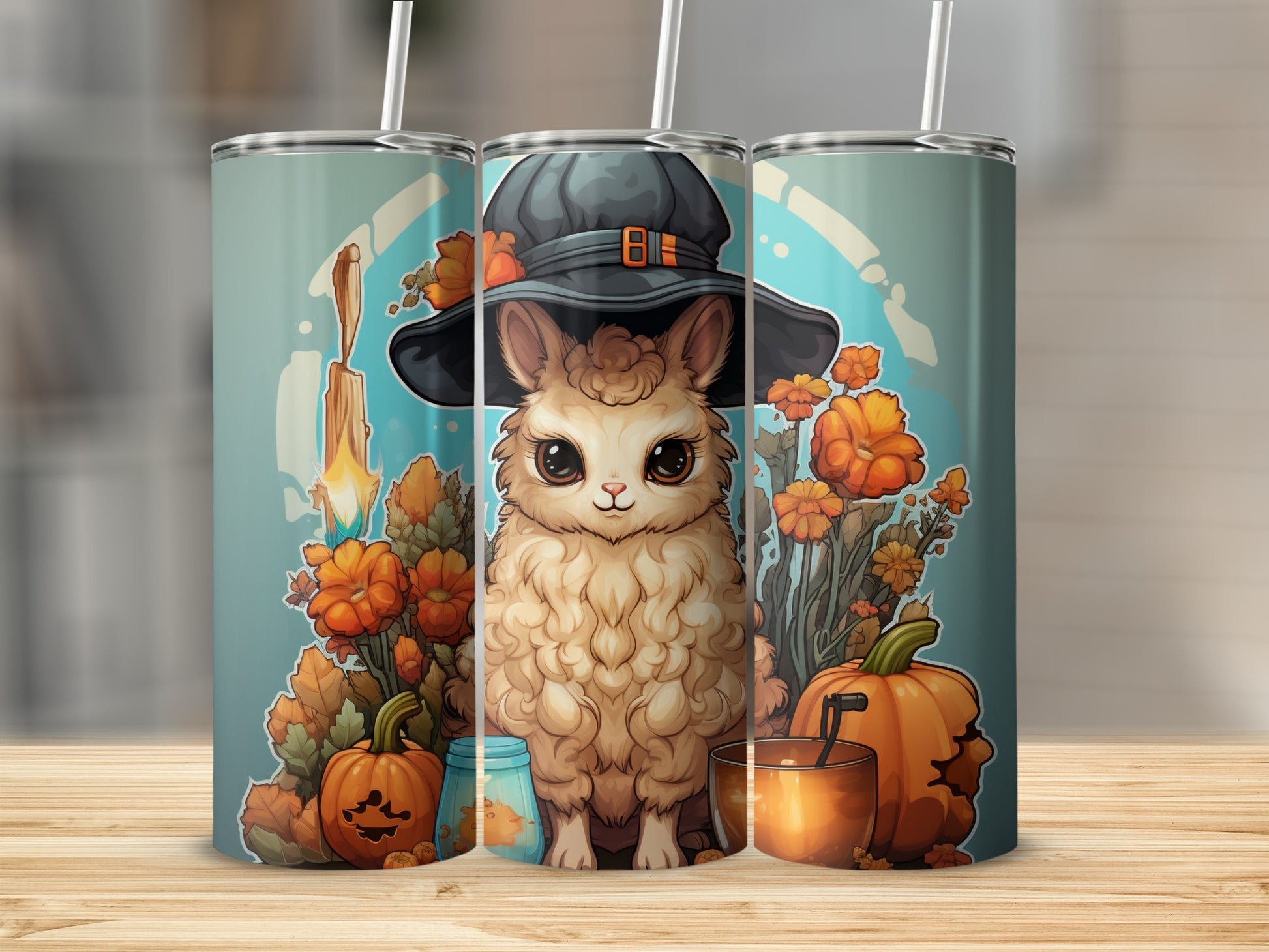 Three tumblers featuring a fluffy cat in a witch hat, surrounded by autumn flowers and pumpkins.