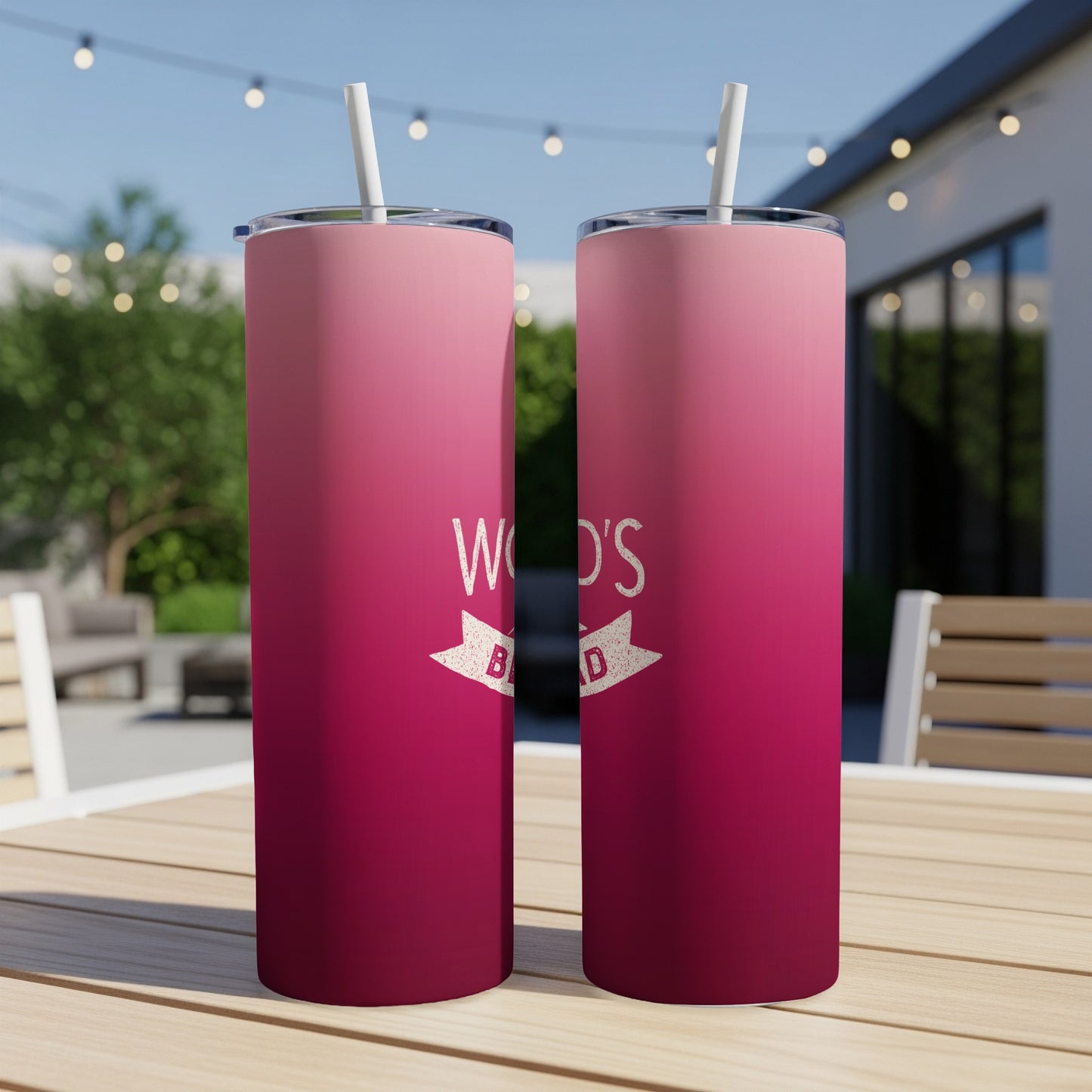 Two pink and red gradient tumblers with "World's Best Dad" on the left.