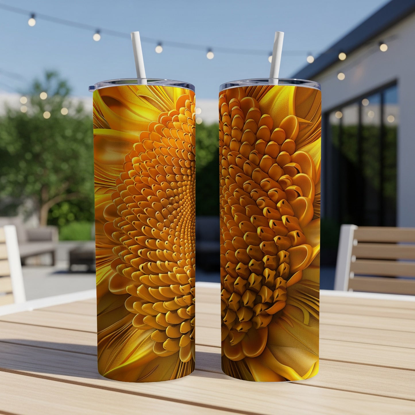 Two sunflowers on tumblers with straw on a table outdoors.
