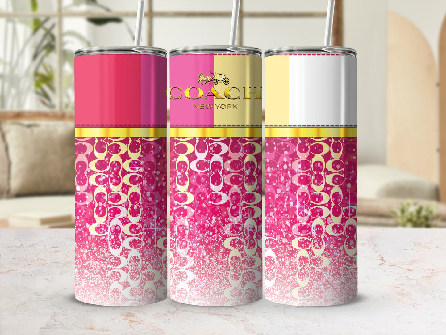 Three tumblers with Coach logo, pink, yellow, and white sections, and patterned base.