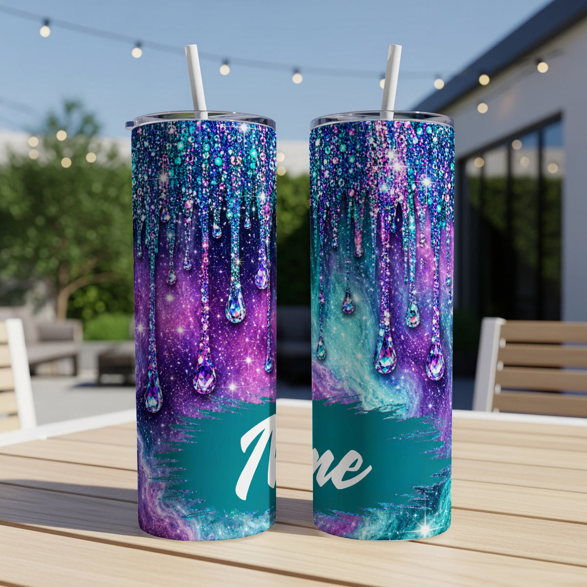 Two tumblers with galaxy and dripping jewel design, one customized with "Rene".