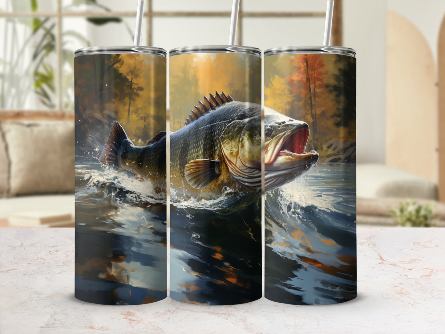 Three tumblers featuring a bass leaping from water with autumn foliage in the background.