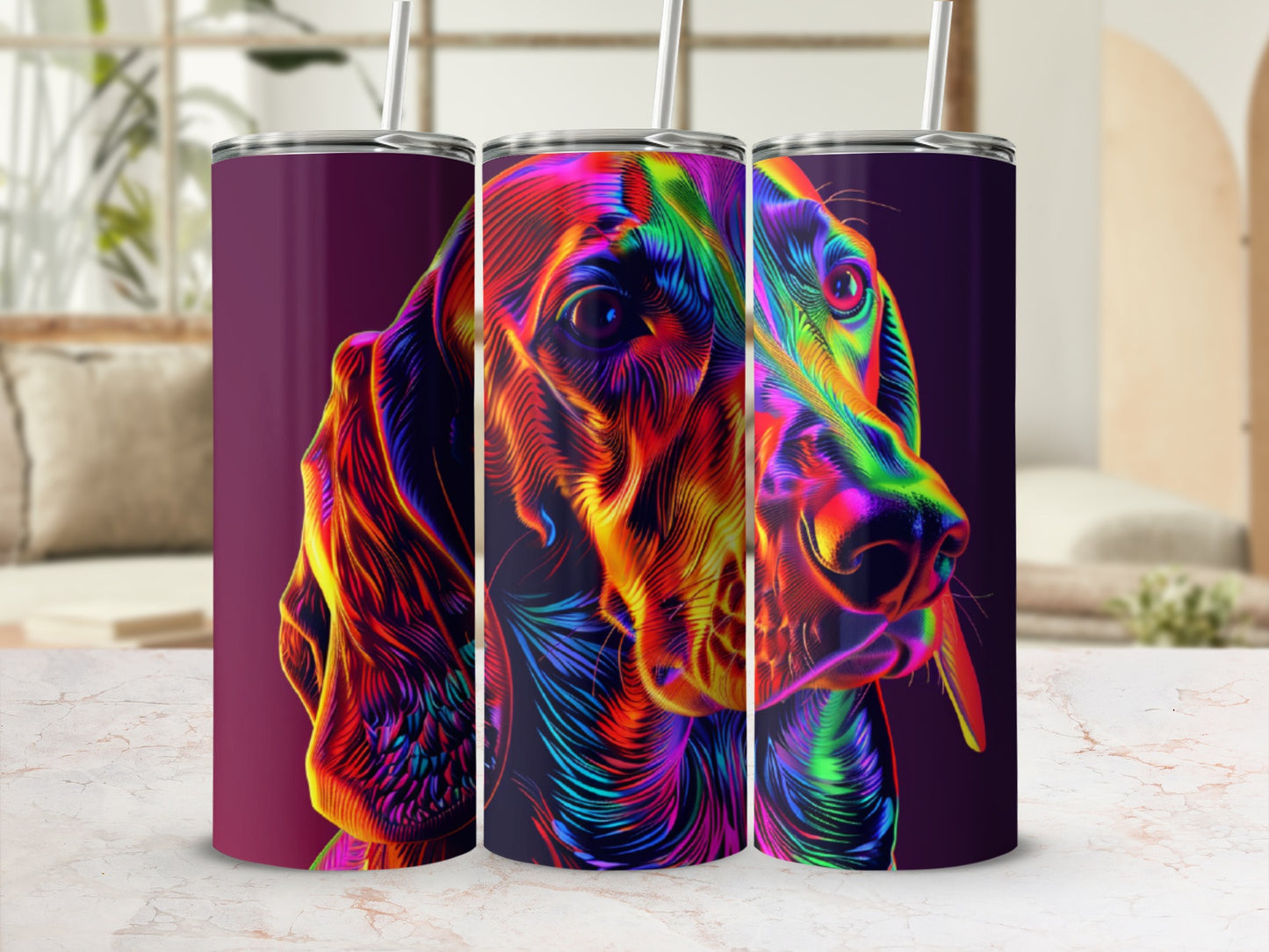 Colorful abstract dog portrait on three stainless steel tumblers.