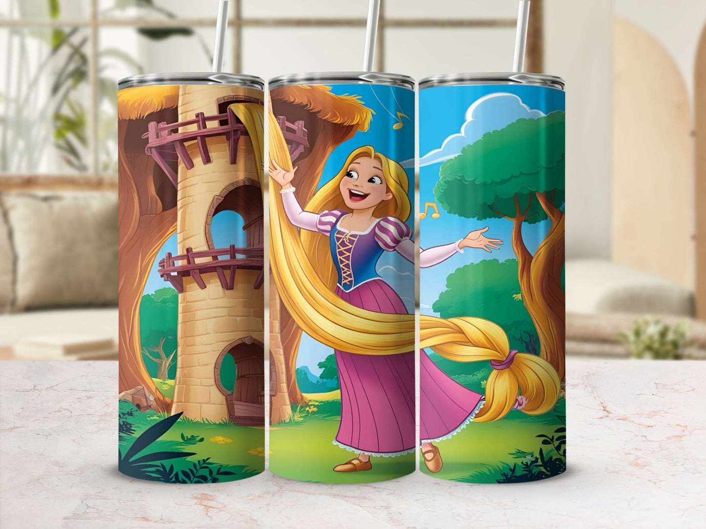 Rapunzel in a pink dress sings outside her tower with long blonde hair.