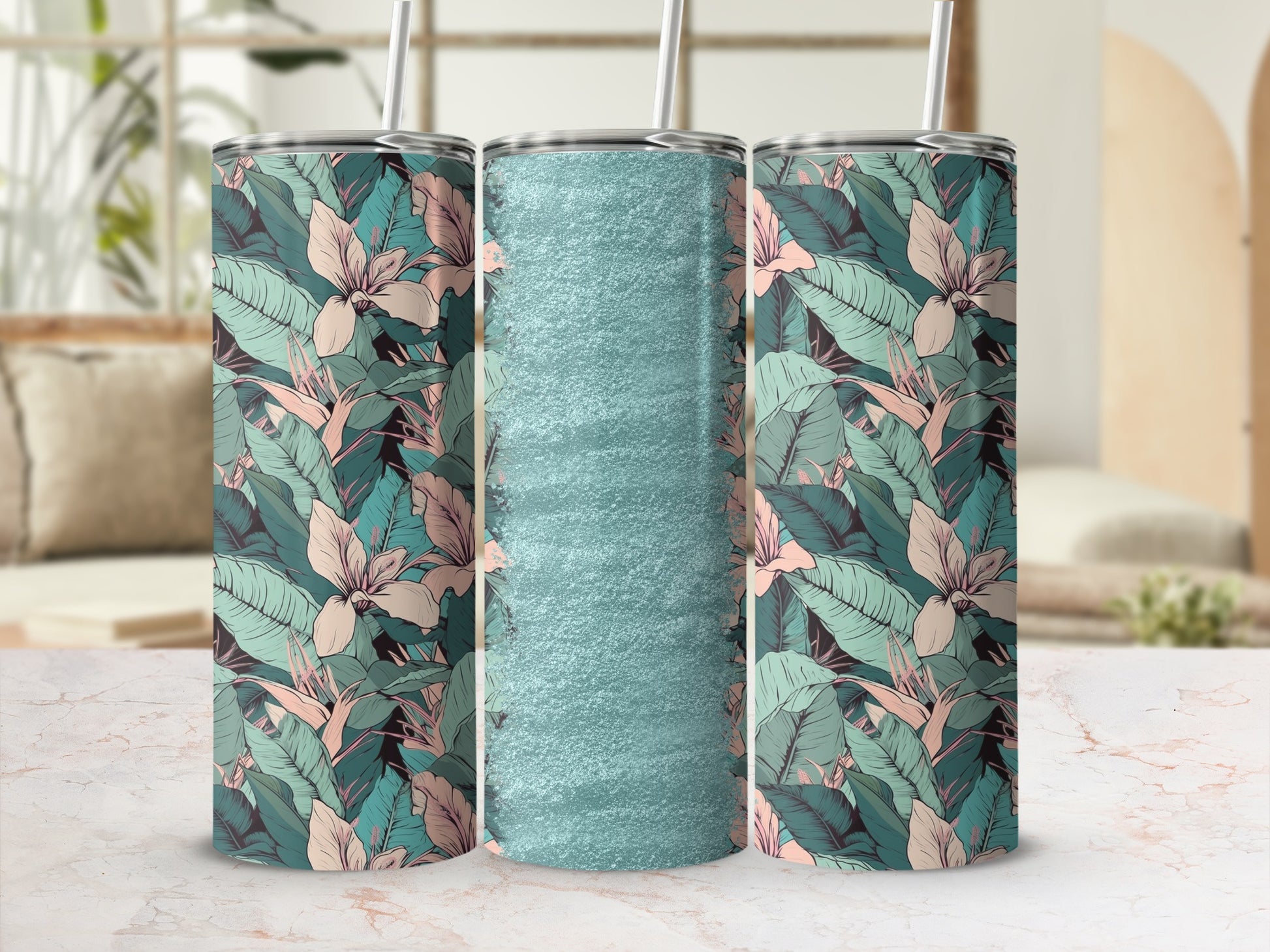Three tumblers with a floral pattern and a textured blue tumbler.