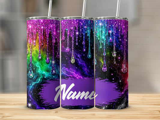 Three tumblers with colorful glitter drips over a starry galaxy background.