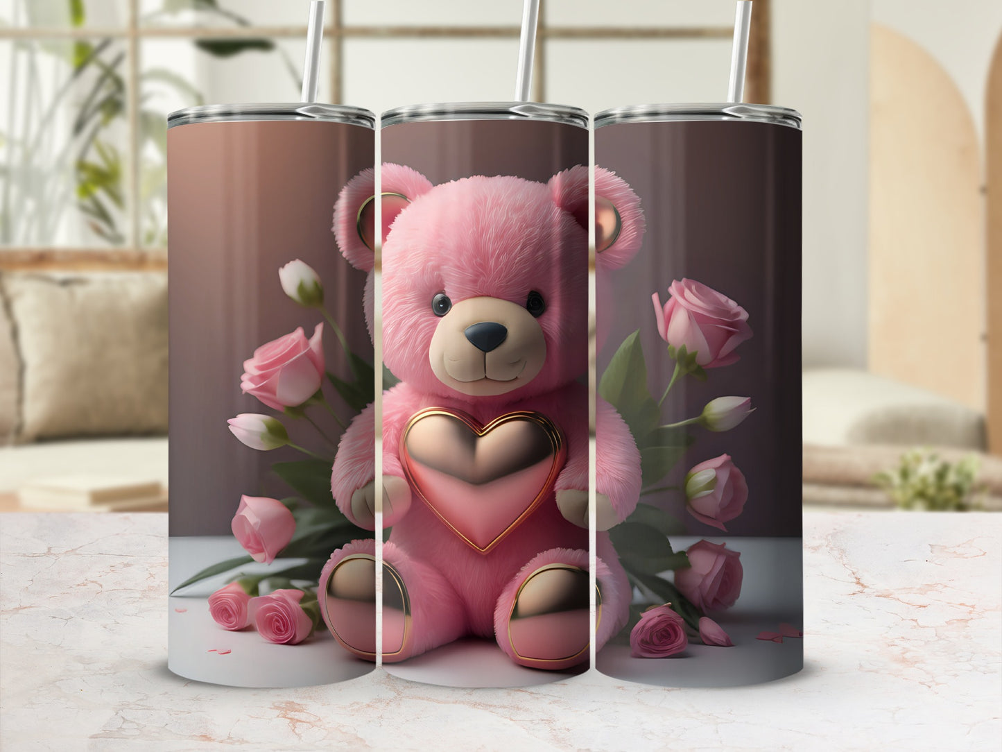Adorable Pink Teddy Bear Roses Valentine's Gift Tumbler