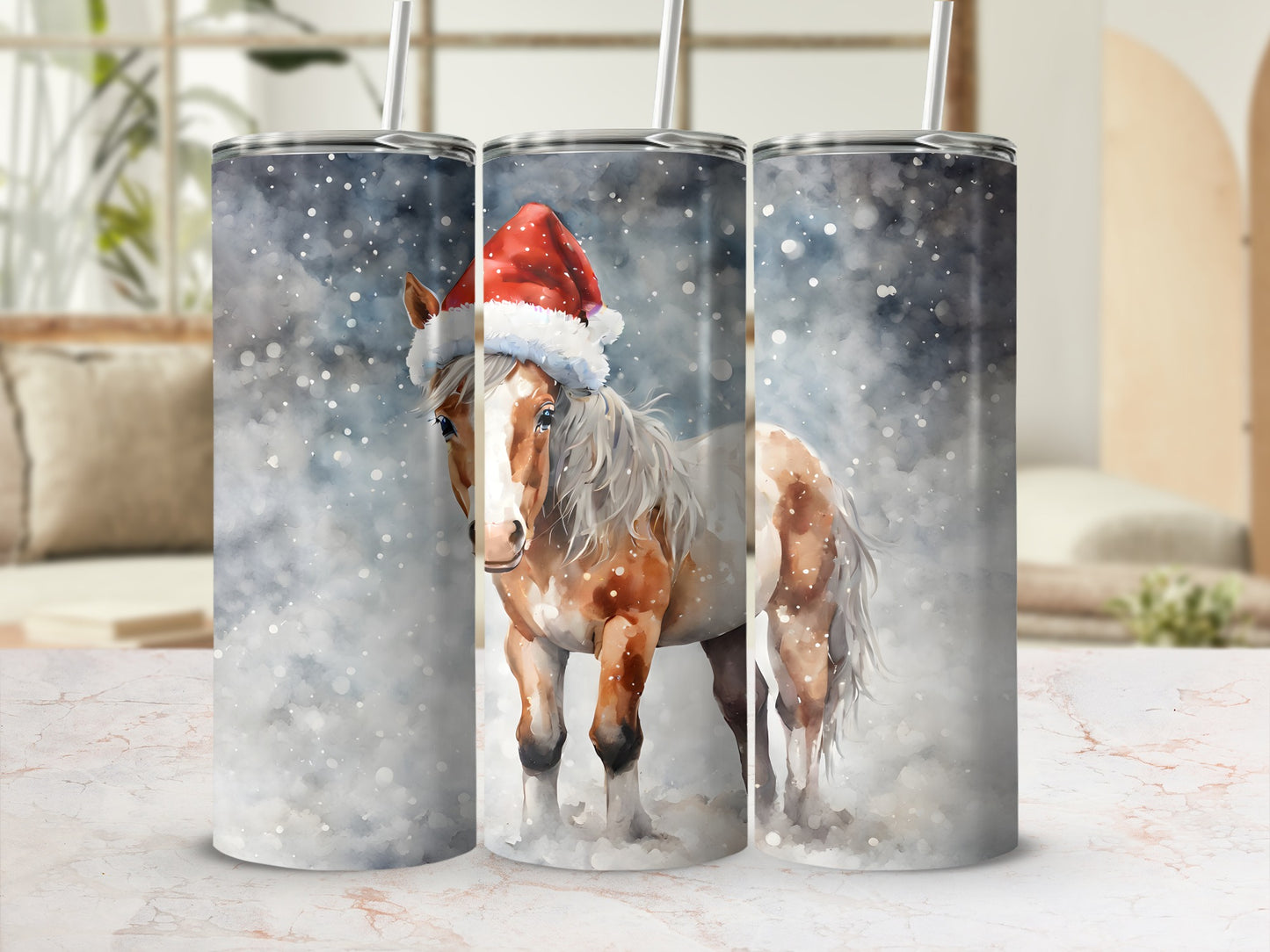 Brown and white horse wearing Santa hat in snowy scene on tumbler.