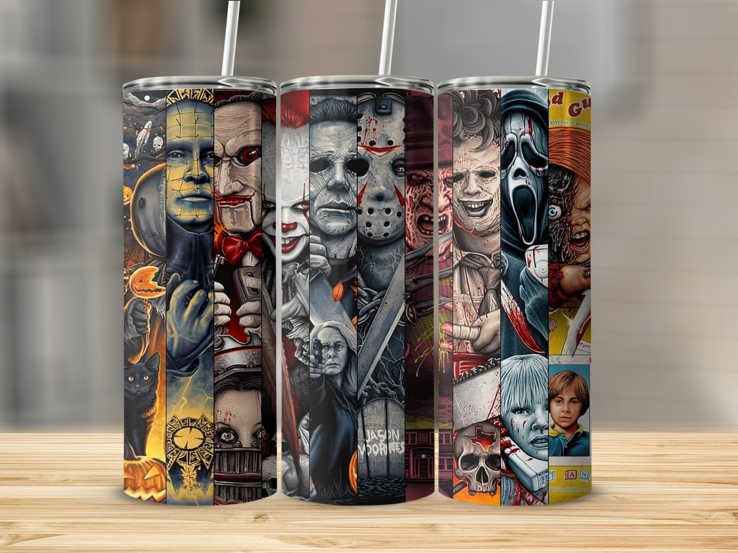 Collage of horror movie villains and iconic characters on tumblers.