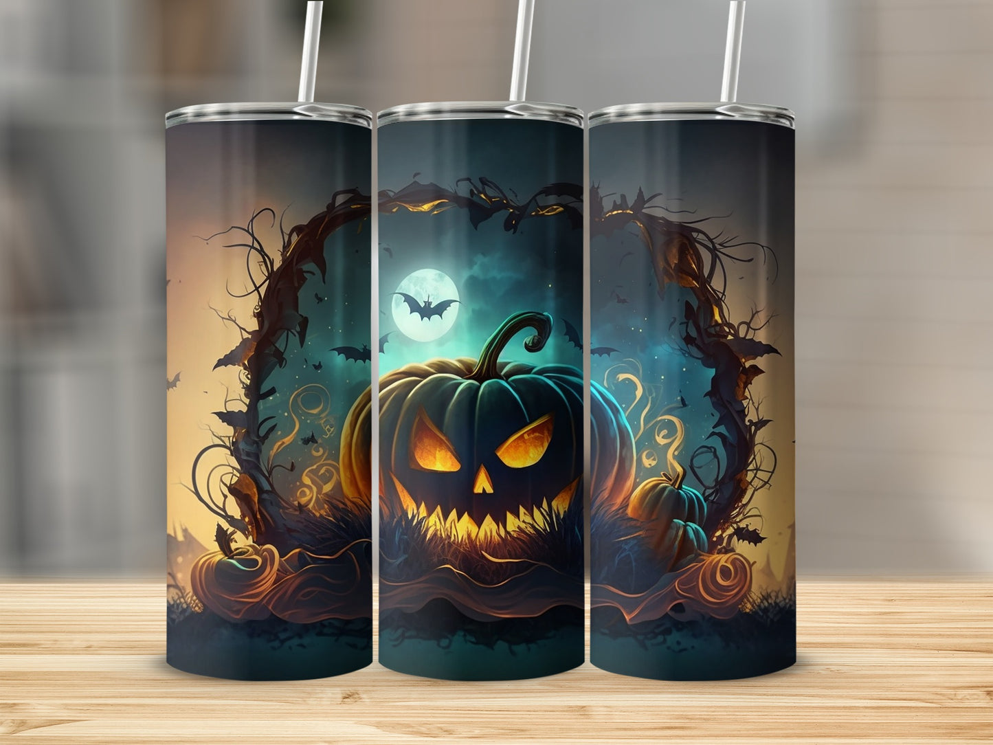 Halloween Pumpkin and Bat Design Tumbler Flask