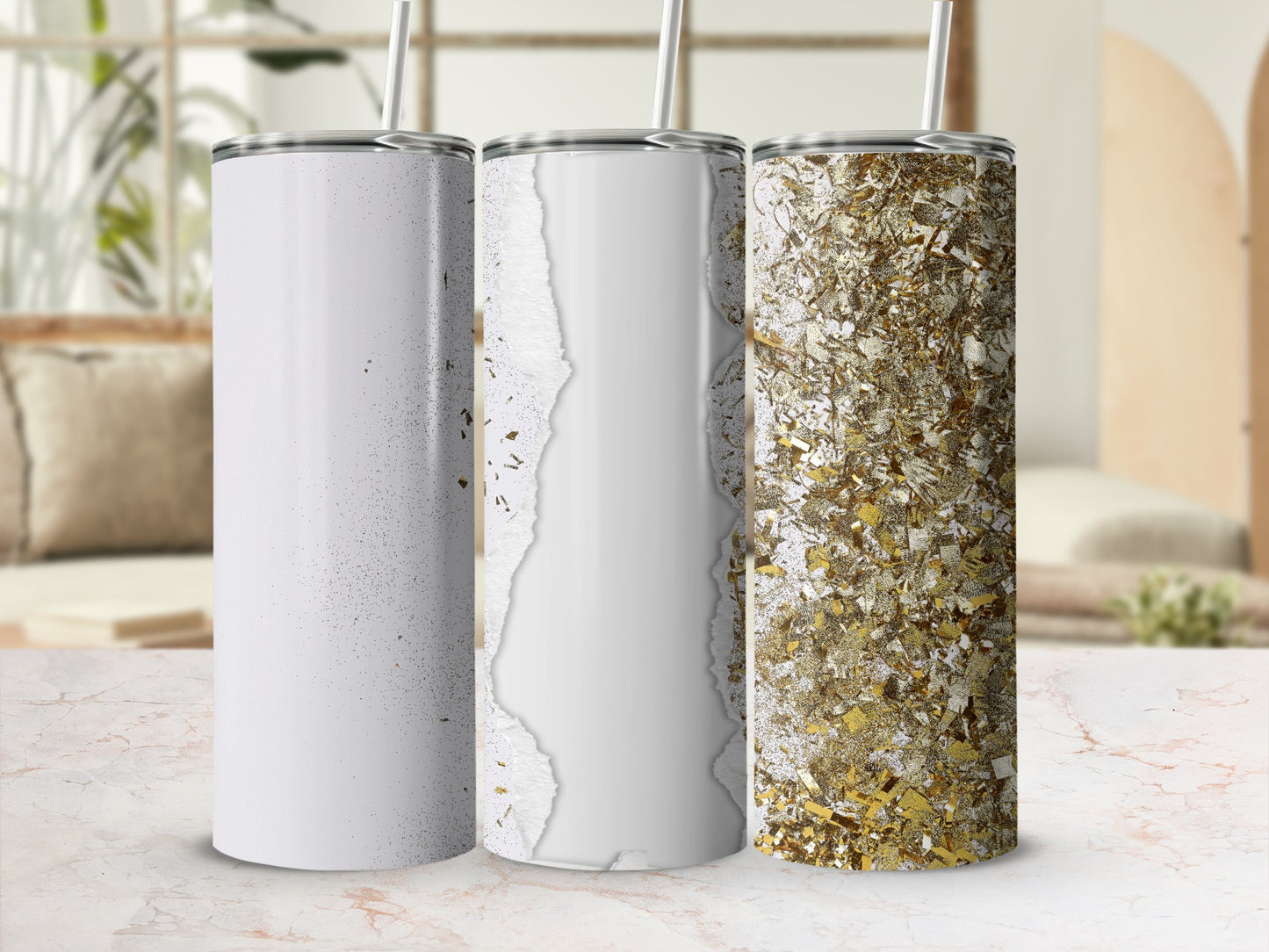 Three blank white tumblers with textured designs, one with gold flakes.