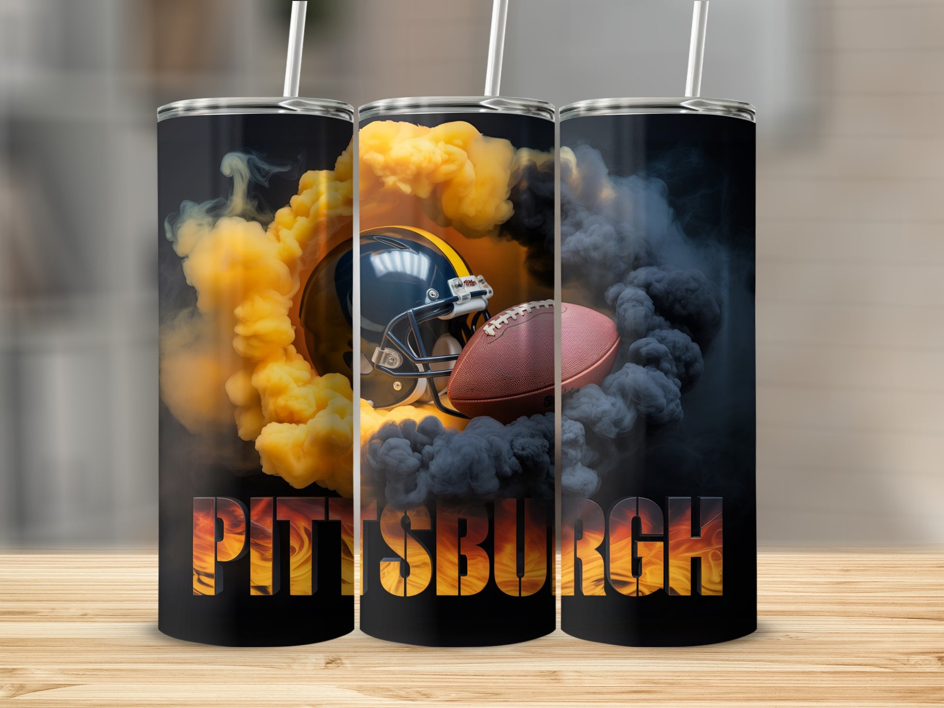 Pittsburgh Steelers football helmet and ball with smoke design.
