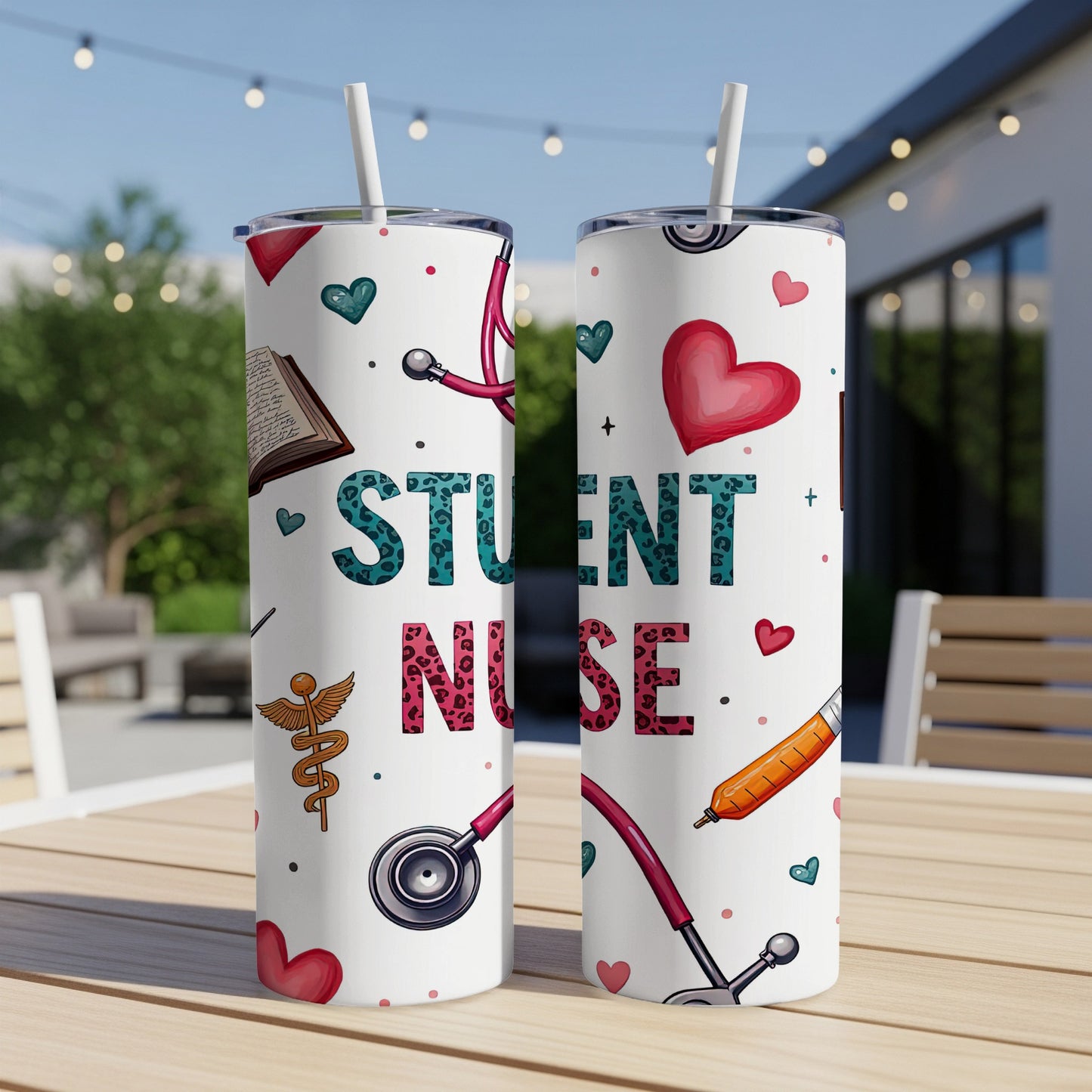 Student Nurse tumbler with medical icons and hearts.