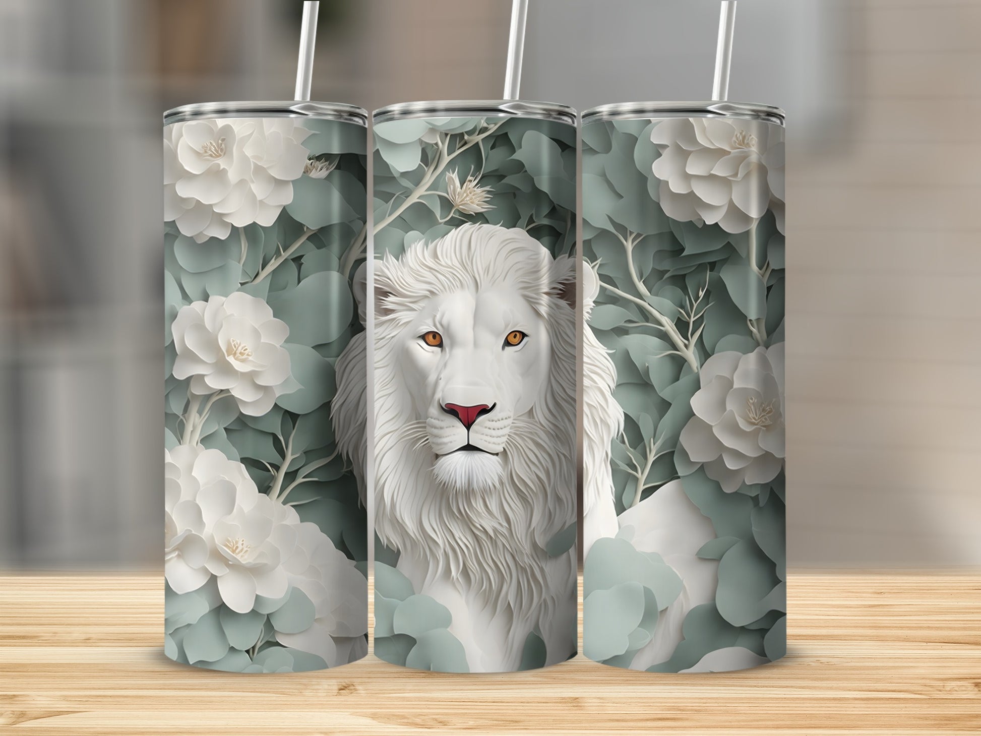 White lion portrait with white flowers and green leaves on three tumblers.