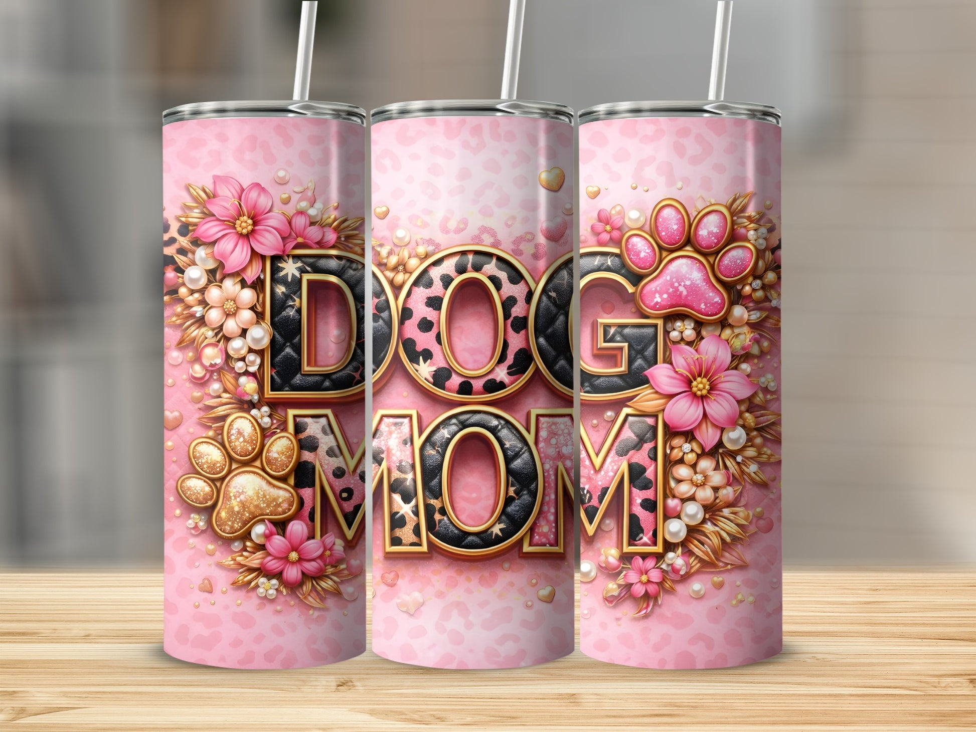 Pink tumbler with leopard print "DOG MOM" text, floral accents, and paw prints.