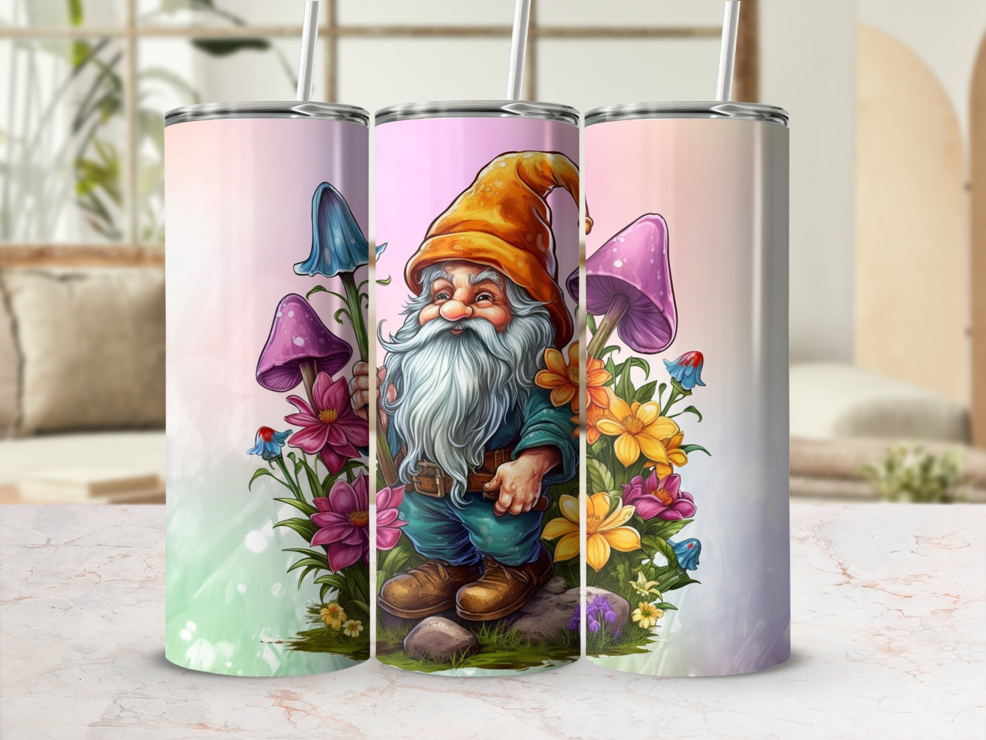 Colorful Gnome With Mushrooms And Flowers Tumbler