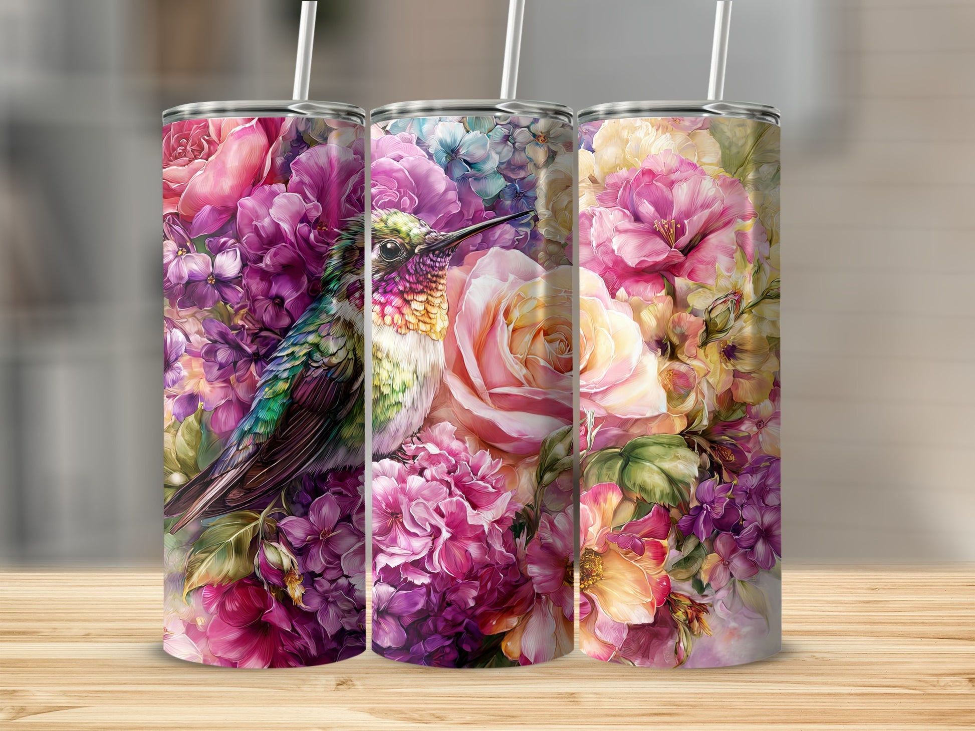 Colorful Floral Tumblers with Hummingbird Design
