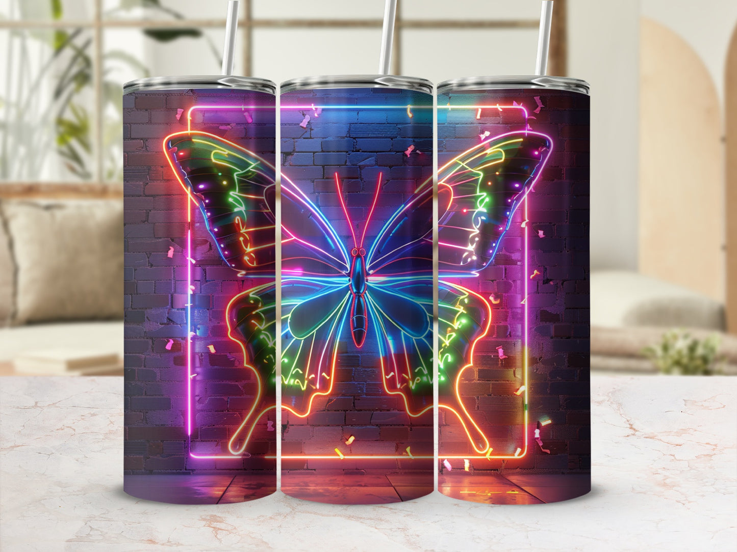 Neon butterfly outline within a square frame on a brick background.