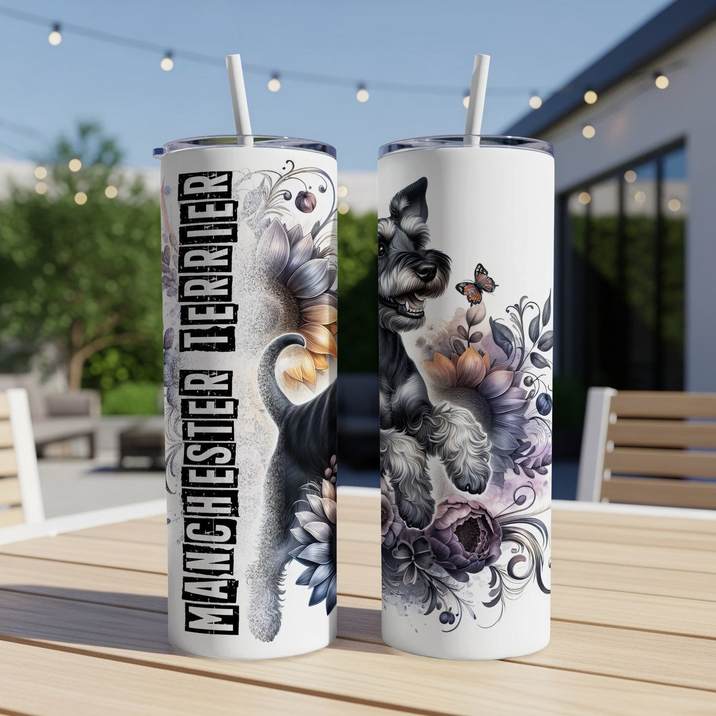 Two tumblers with a schnauzer and floral design, one text reads "MANCHESTER TERRIER".
