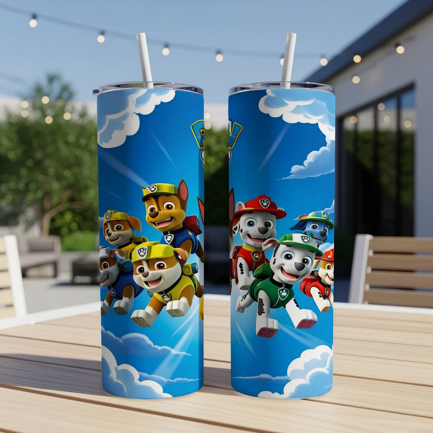 Paw Patrol characters Chase, Marshall, and Skye running on a blue sky background.