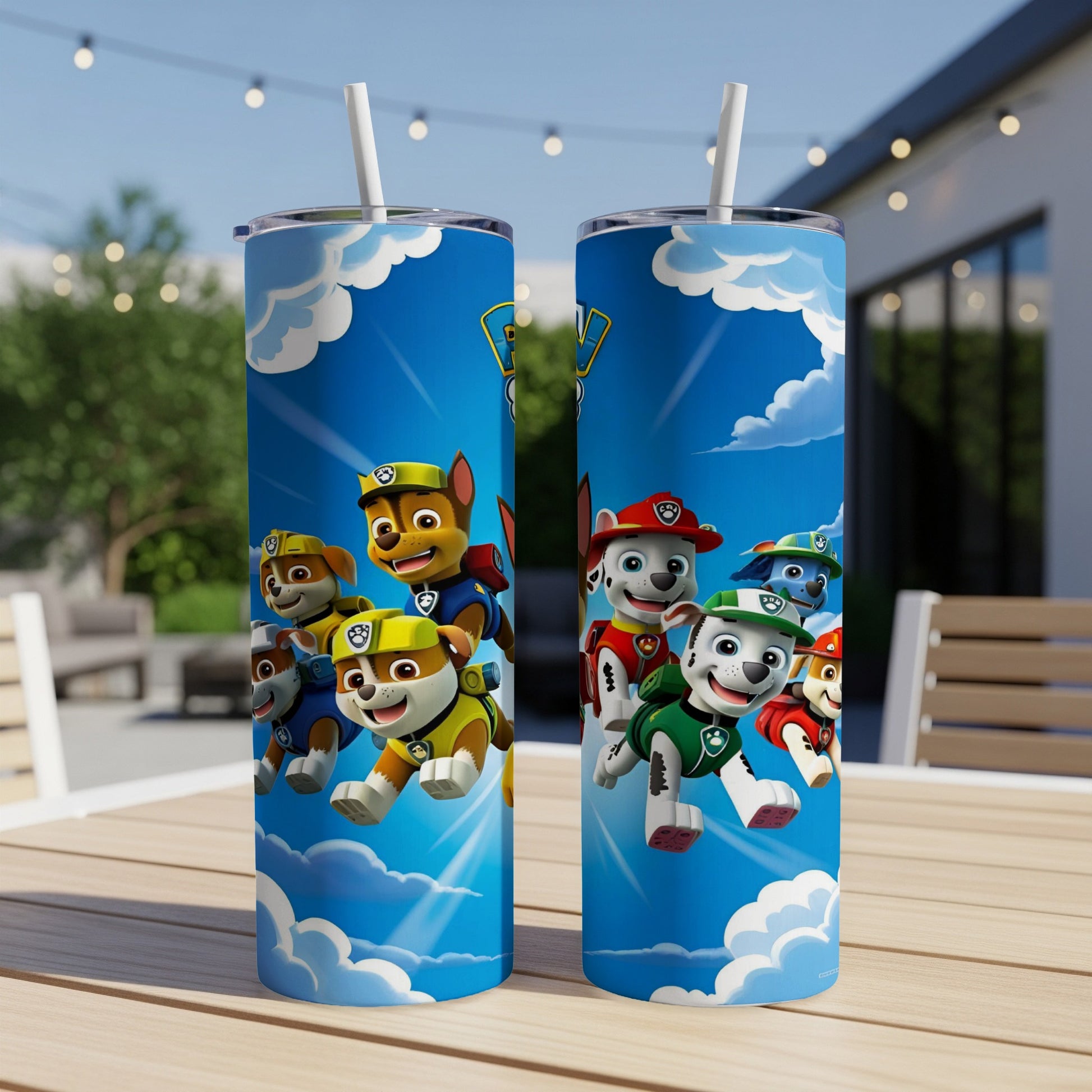 Paw Patrol characters Chase, Marshall, and Skye running on a blue sky background.